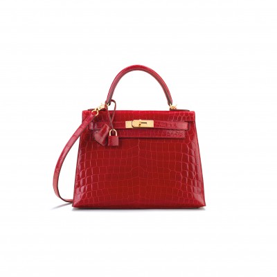 HERMÈS MASTER SHINY CHINESE RED ALLIGATOR KELLY 28 WITH GOLD HARDWARE (28*22*10cm) 